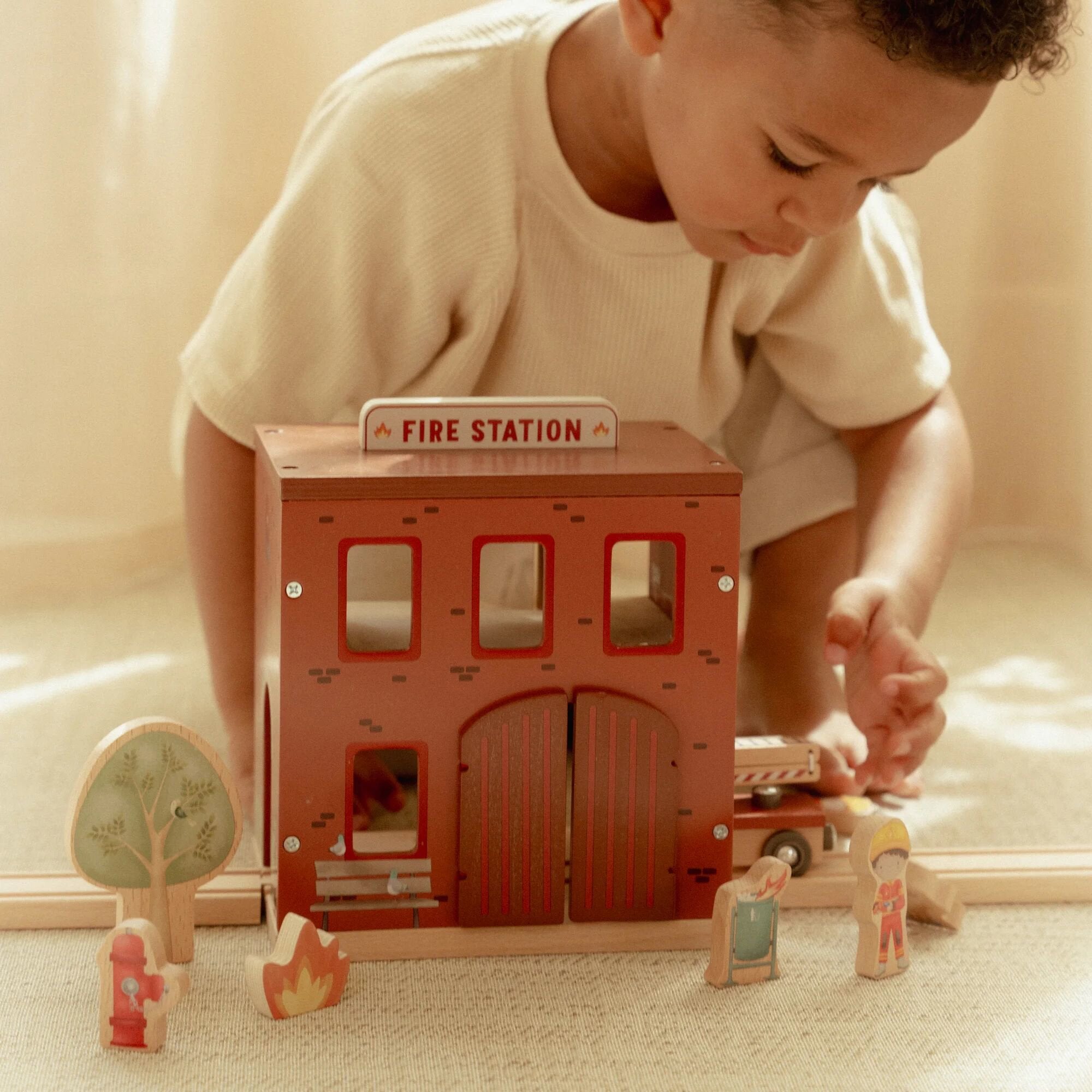 Wooden fire station – Red – Essentials  Wooden fire station – Red – Essentials