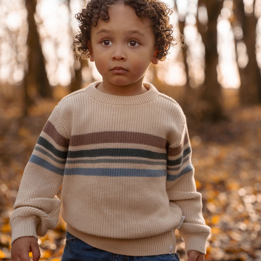 Pull tricoté - Sable - Forest Friends - Rayure  gebreide-trui-zand-forest-friends-stripe