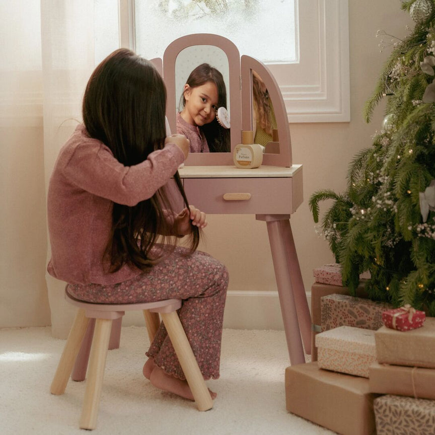 Coiffeuse en bois – Rose – Essentials  roze-houten-kaptafel-met-lades-en-krukje