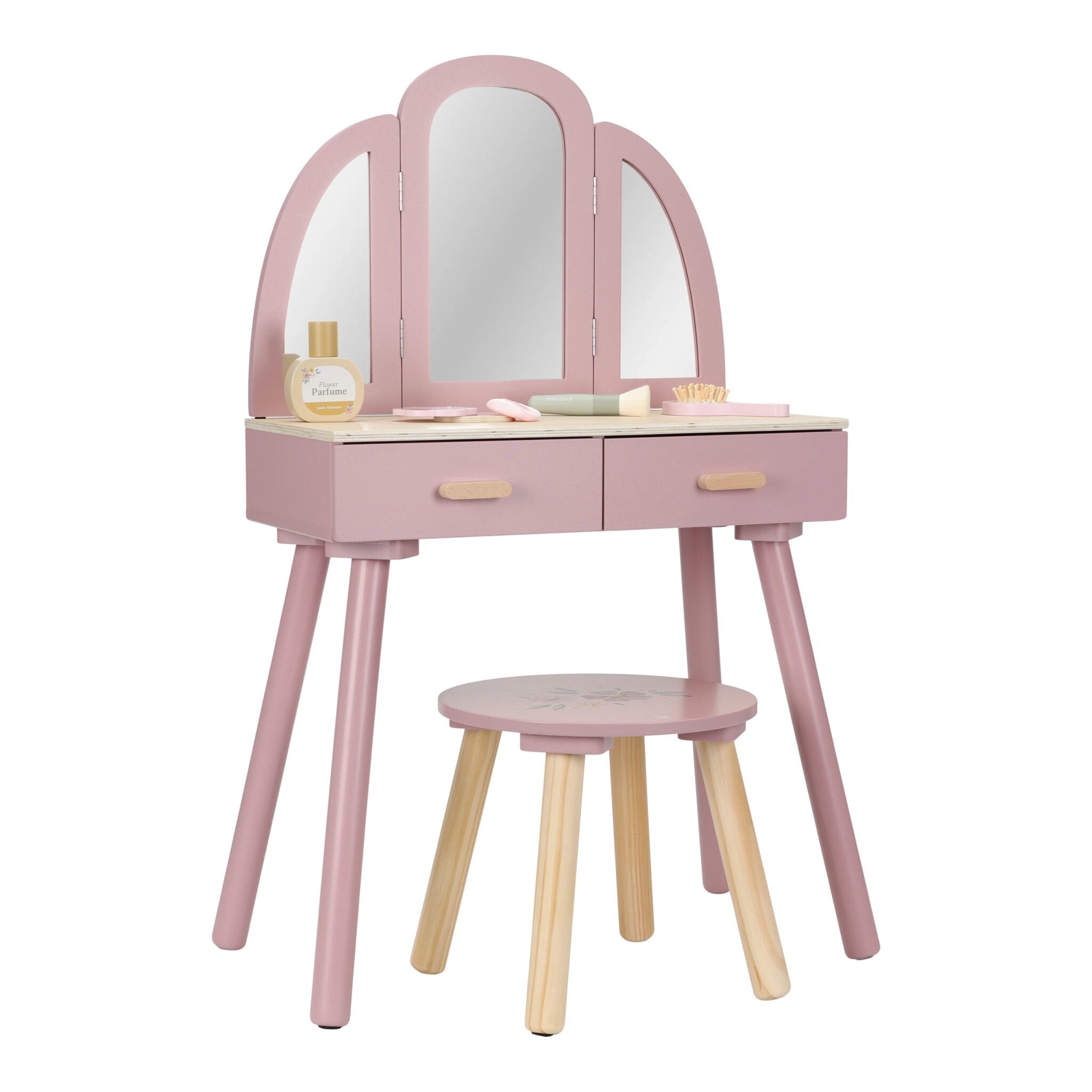 roze-houten-kaptafel-met-lades-en-krukje