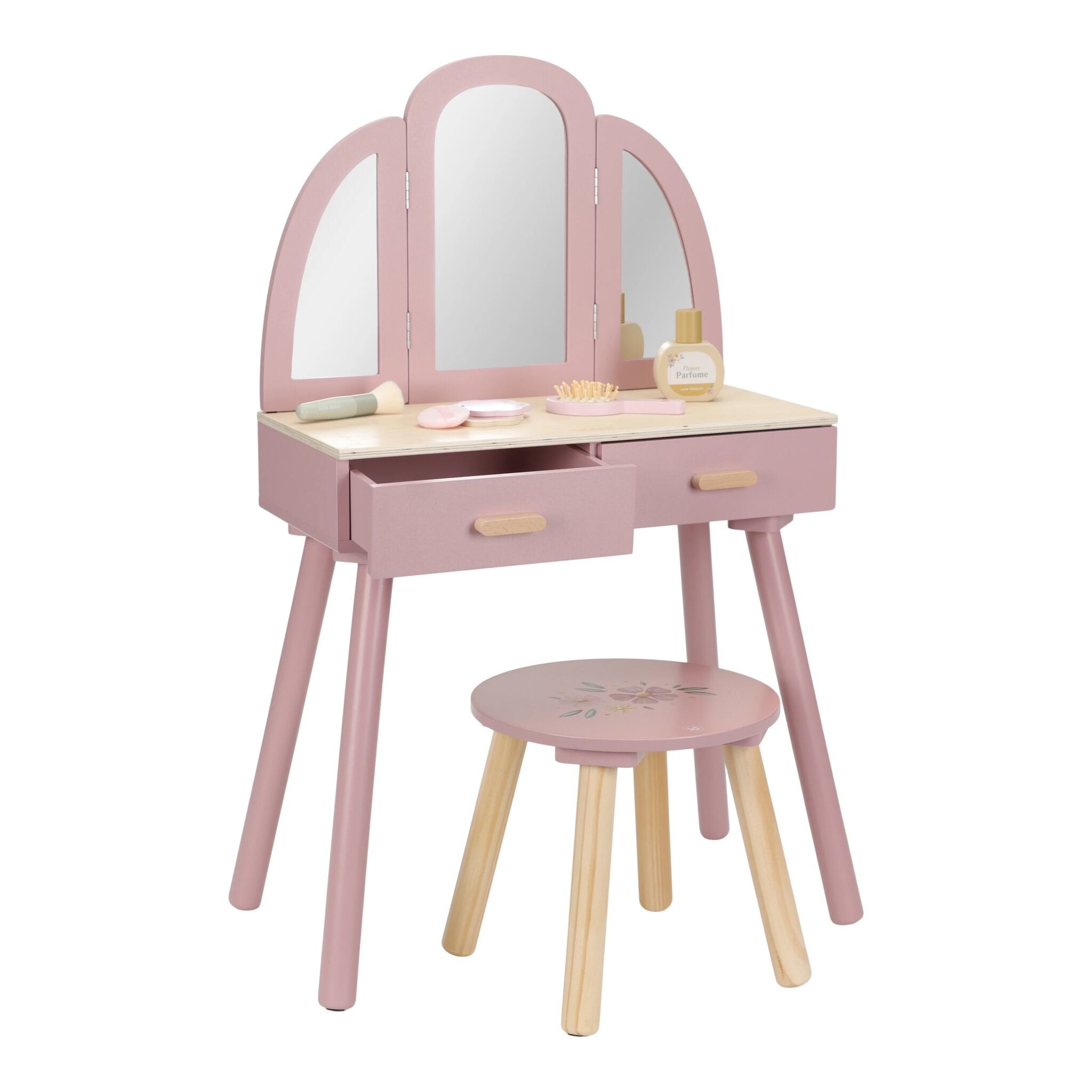 roze-houten-kaptafel-met-lades-en-krukje