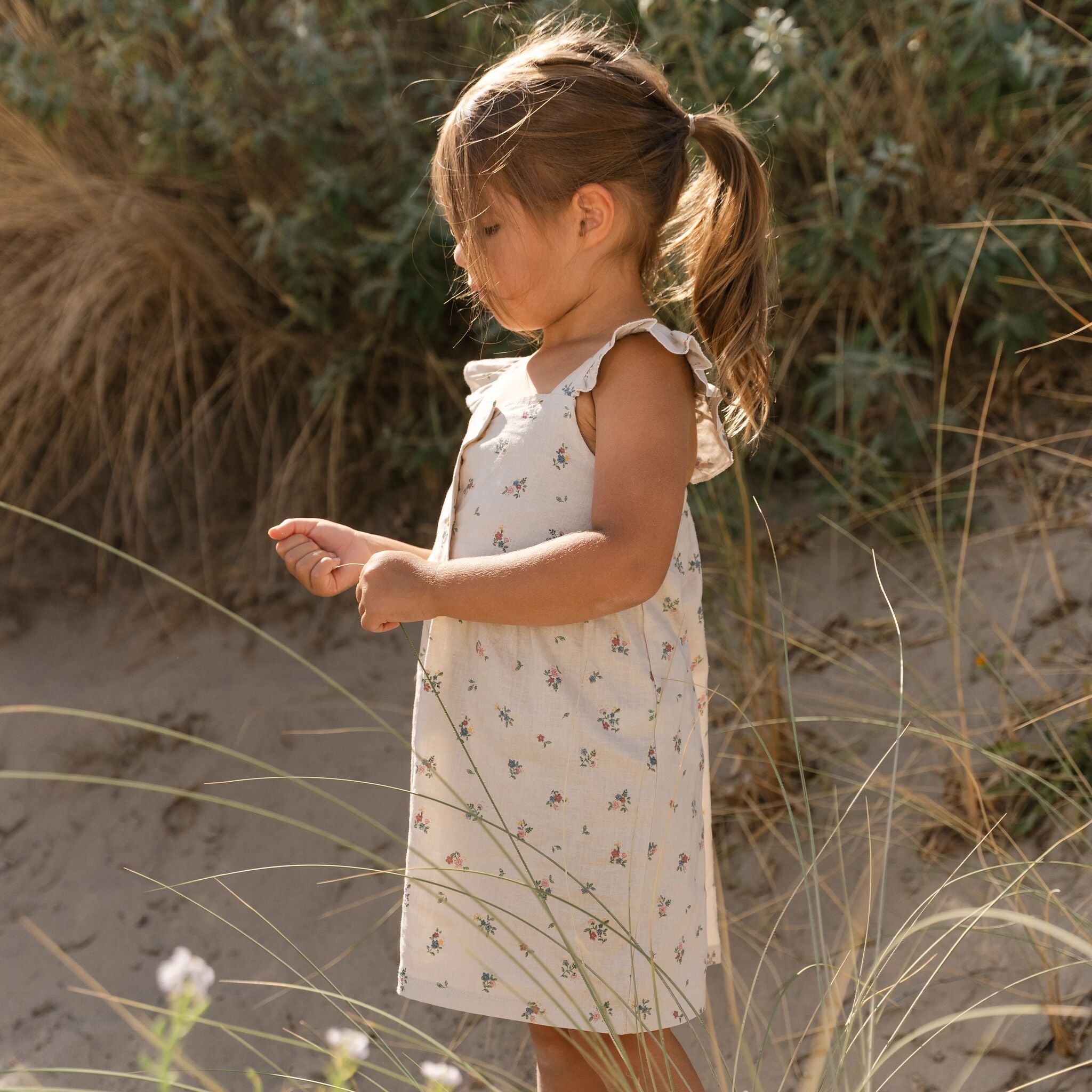 Summer girls' dress Fairy Bloom linen look, ruffles & buttons | Little Dutch Summer girls' dress Fairy Bloom linen look, ruffles & buttons | Little Dutch
