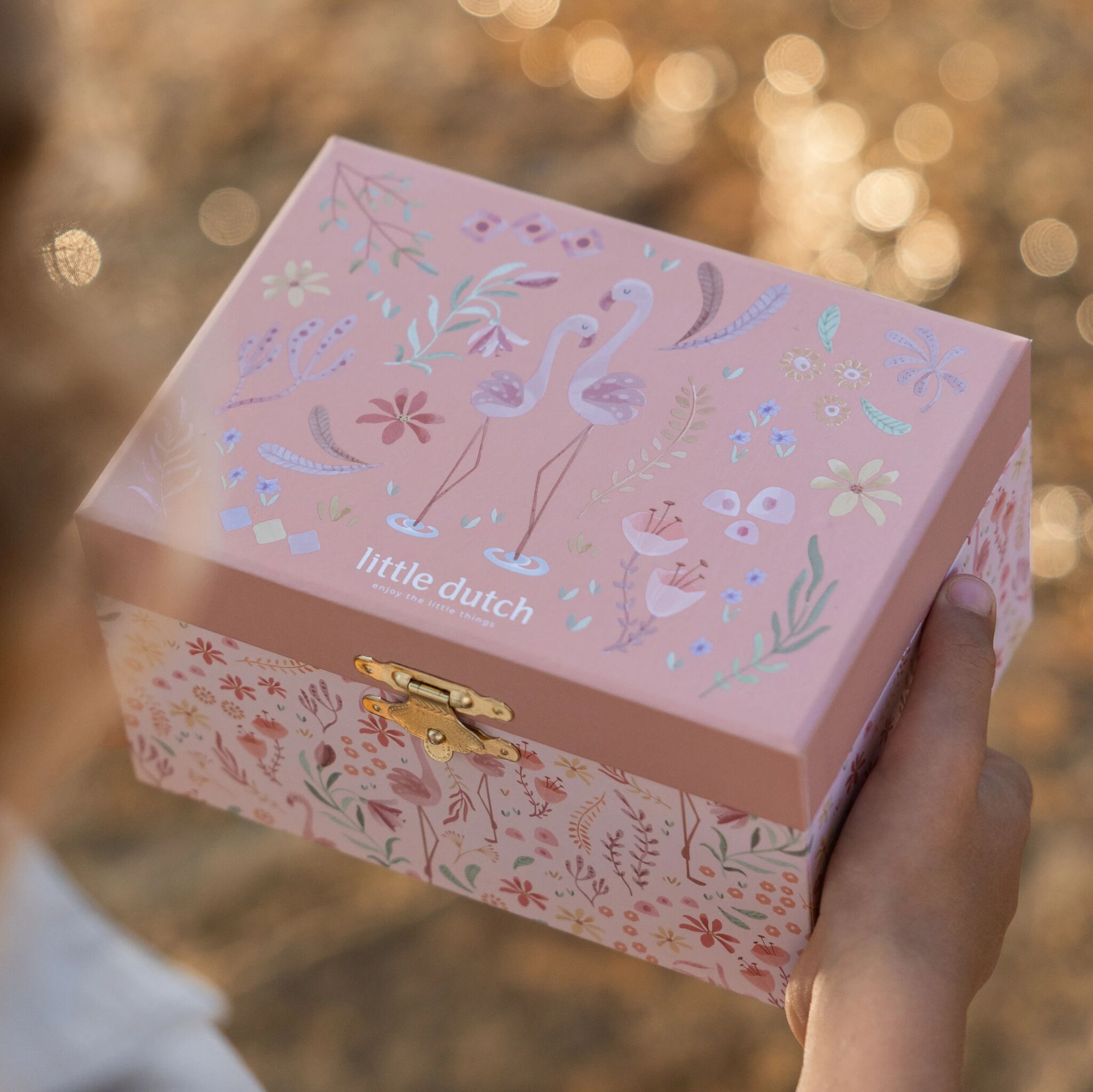 Kinder-Schmuckkästchen: mit tanzendem Flamingo, Spiegel und Blumenmotiv