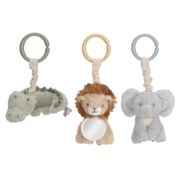 Safari activity hangers: soft toys for stroller & car seat