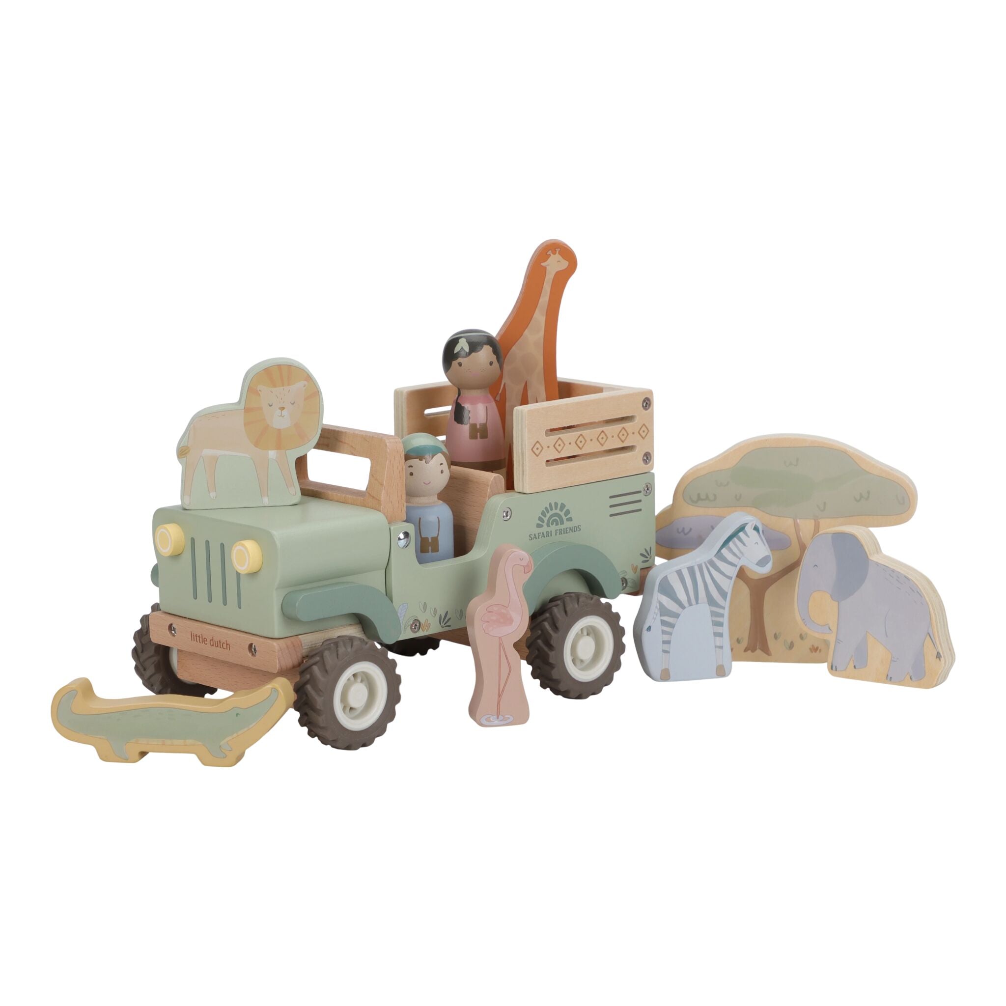 Safariauto aus Holz mit Tieren - Grün