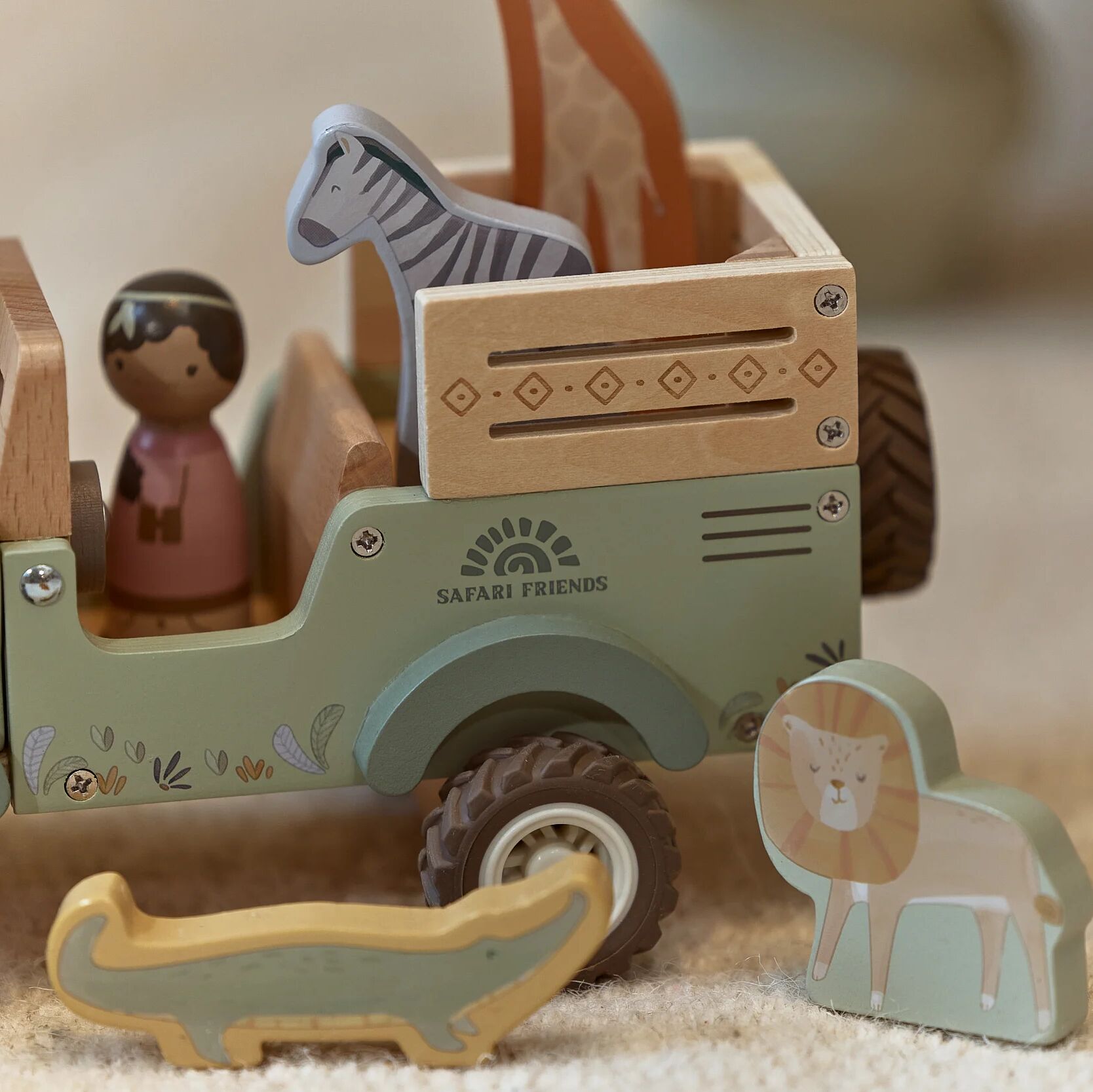 Safariauto aus Holz mit Tieren - Grün