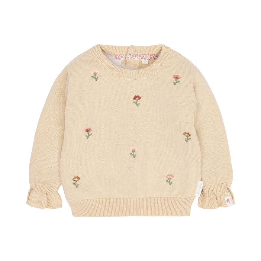 Gebreide Trui Beige met Bloemenborduursel