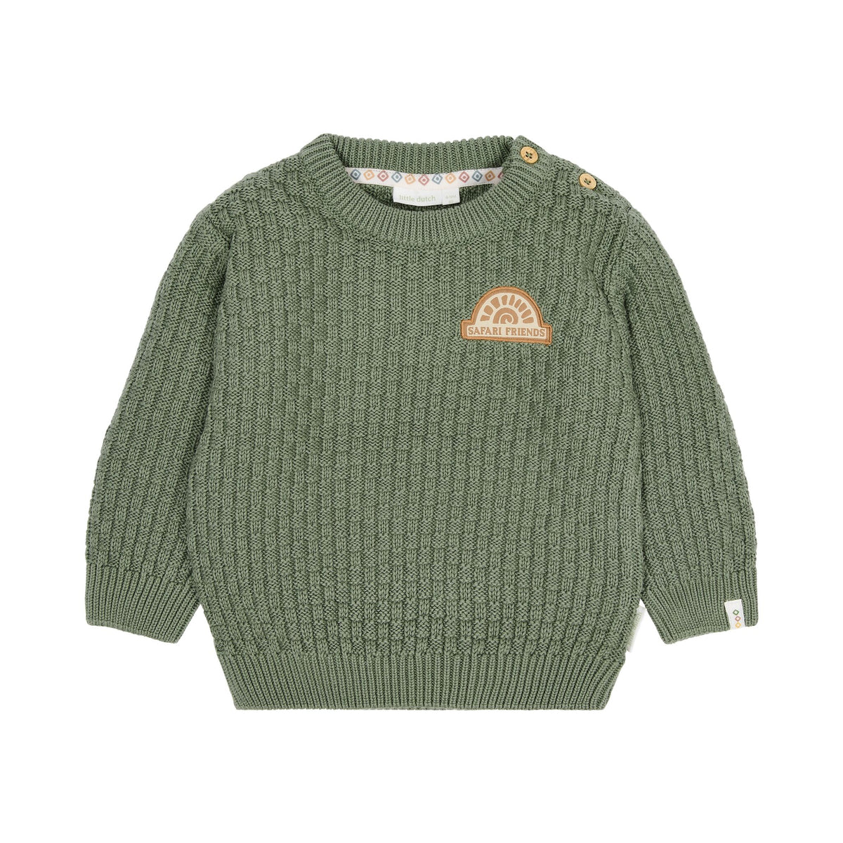 Gestrickter Pullover grün mit Aufnäher